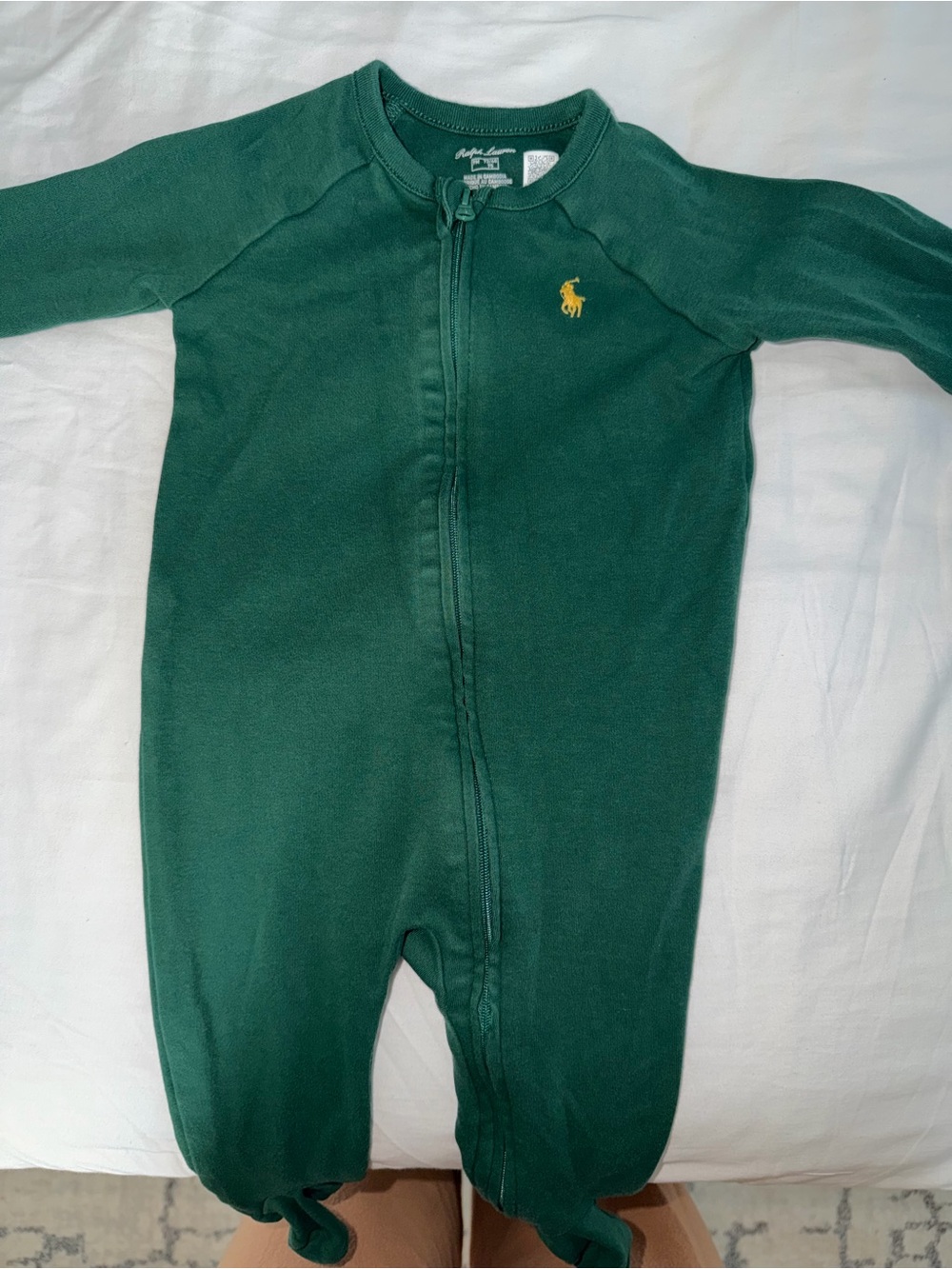 Ralph Lauren Dark Green Footed Baby One-Piece with Yellow Pony
